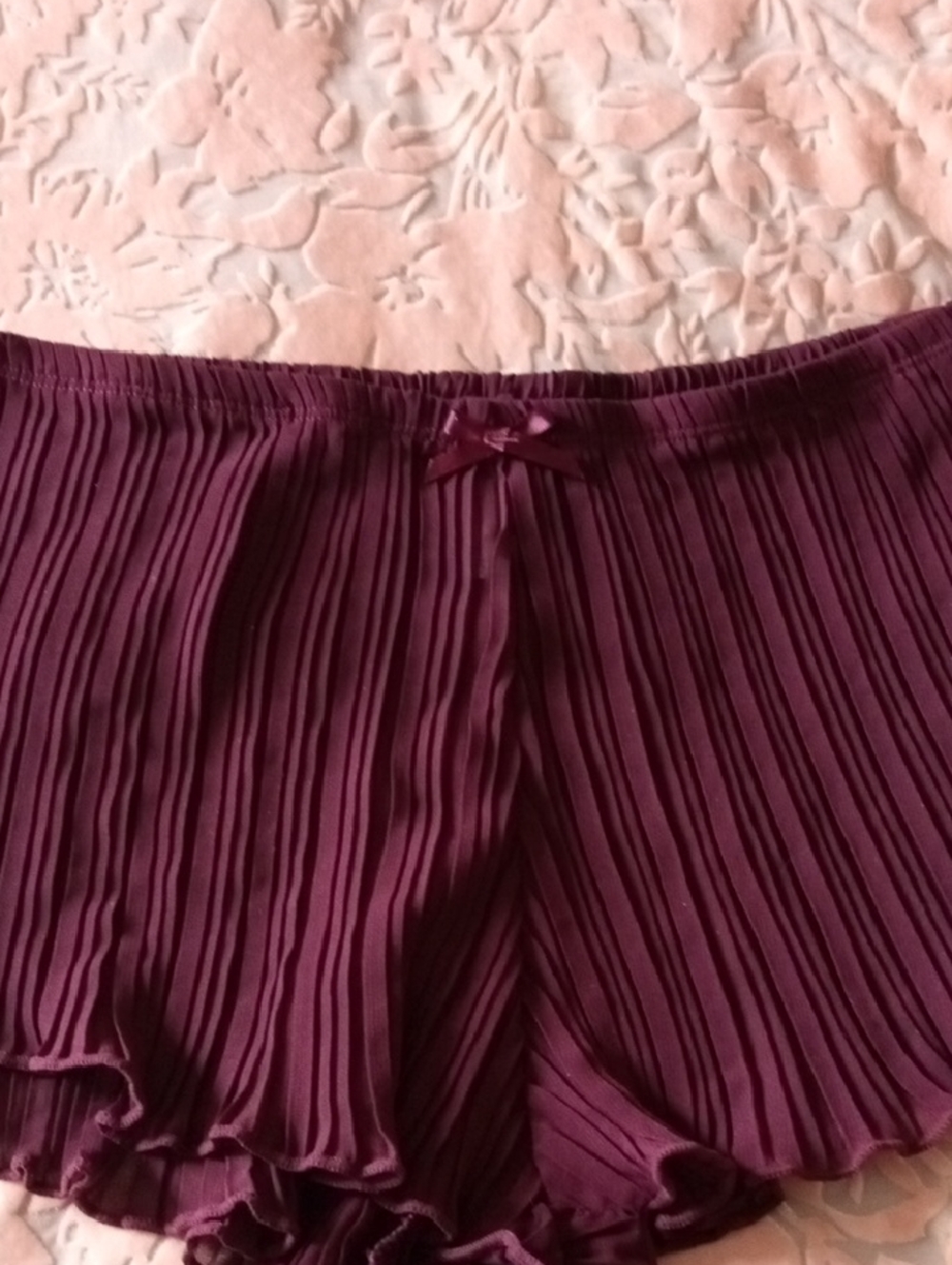 Lace-Trim Satin Pleated Cami & Short Sleep Set - Deep Plum - Picture 7 of 11